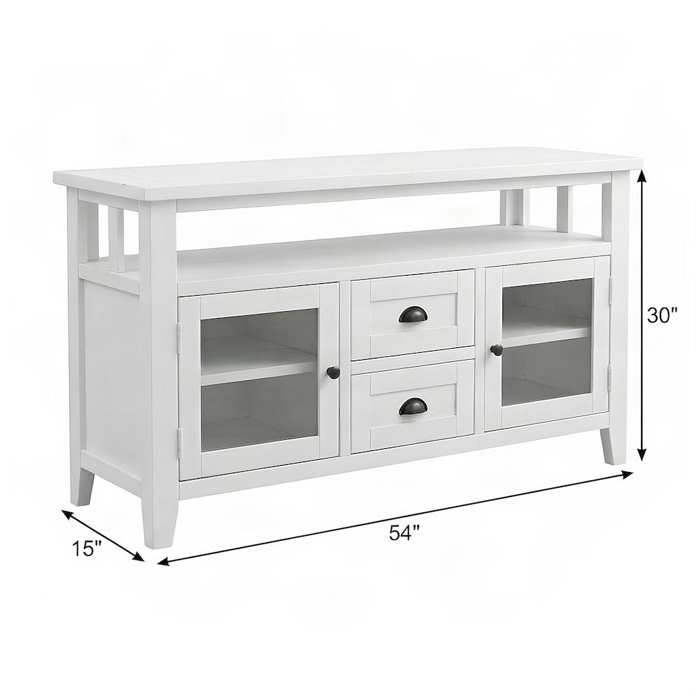 Solid Wood TV Stand with Distressed Finish, Doors and Drawers, Weathered White
