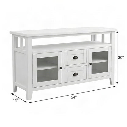 Solid Wood TV Stand with Distressed Finish, Doors and Drawers, Weathered White