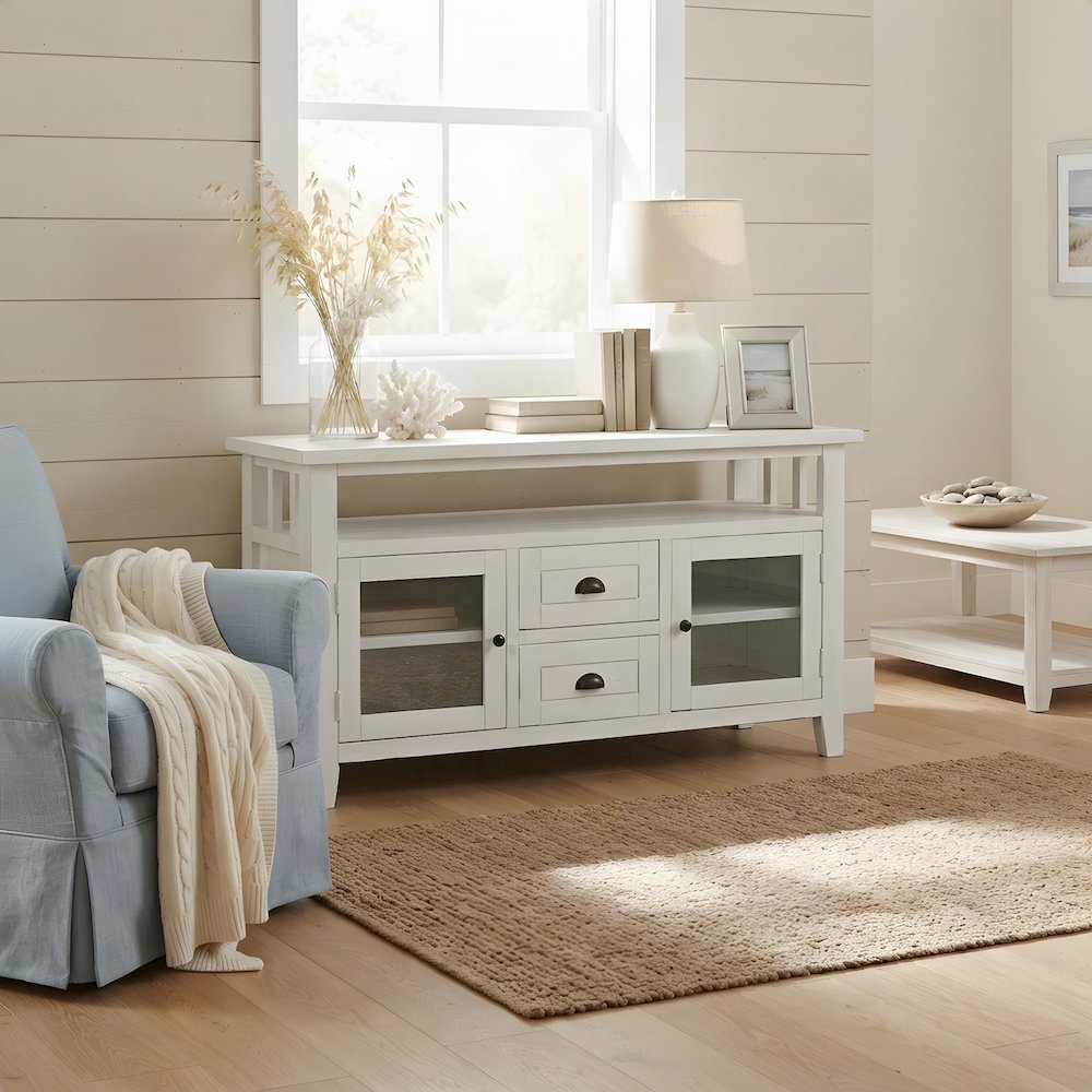 Solid Wood TV Stand with Distressed Finish, Doors and Drawers, Weathered White