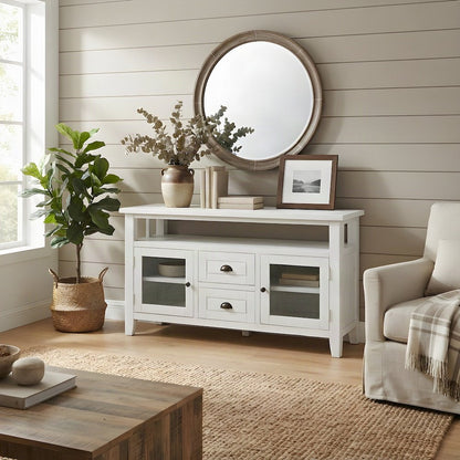 Solid Wood TV Stand with Distressed Finish, Doors and Drawers, Weathered White
