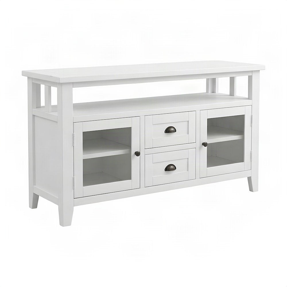 Solid Wood TV Stand with Distressed Finish, Doors and Drawers, Weathered White
