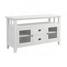 Solid Wood TV Stand with Distressed Finish, Doors and Drawers, Weathered White