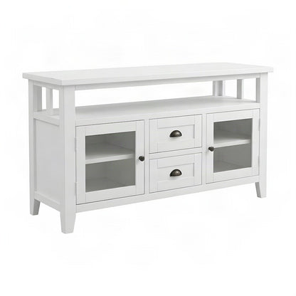 Solid Wood TV Stand with Distressed Finish, Doors and Drawers, Weathered White