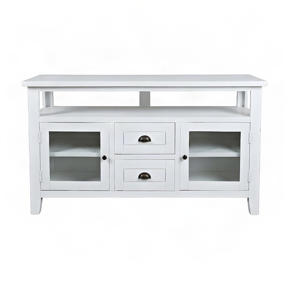 Solid Wood TV Stand with Distressed Finish, Doors and Drawers, Weathered White