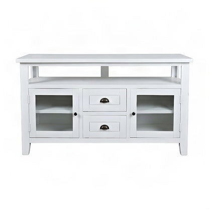 Solid Wood TV Stand with Distressed Finish, Doors and Drawers, Weathered White