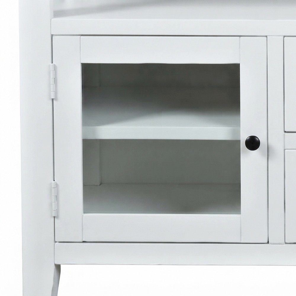 Solid Wood TV Stand with Distressed Finish, Doors and Drawers, Weathered White
