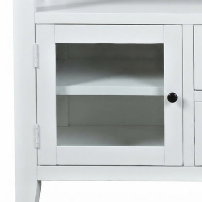Solid Wood TV Stand with Distressed Finish, Doors and Drawers, Weathered White