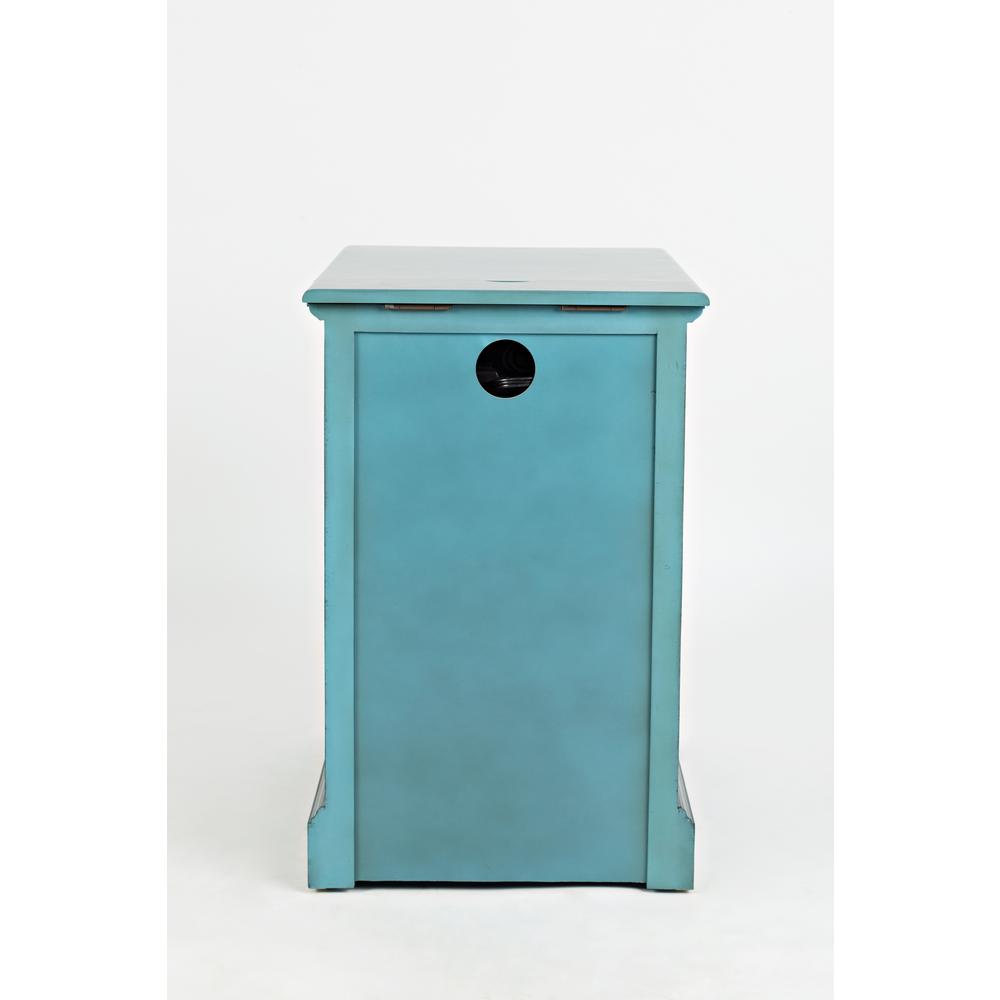 Blue Chairside End Table with USB Charging Ports, Acacia, Glass Construction