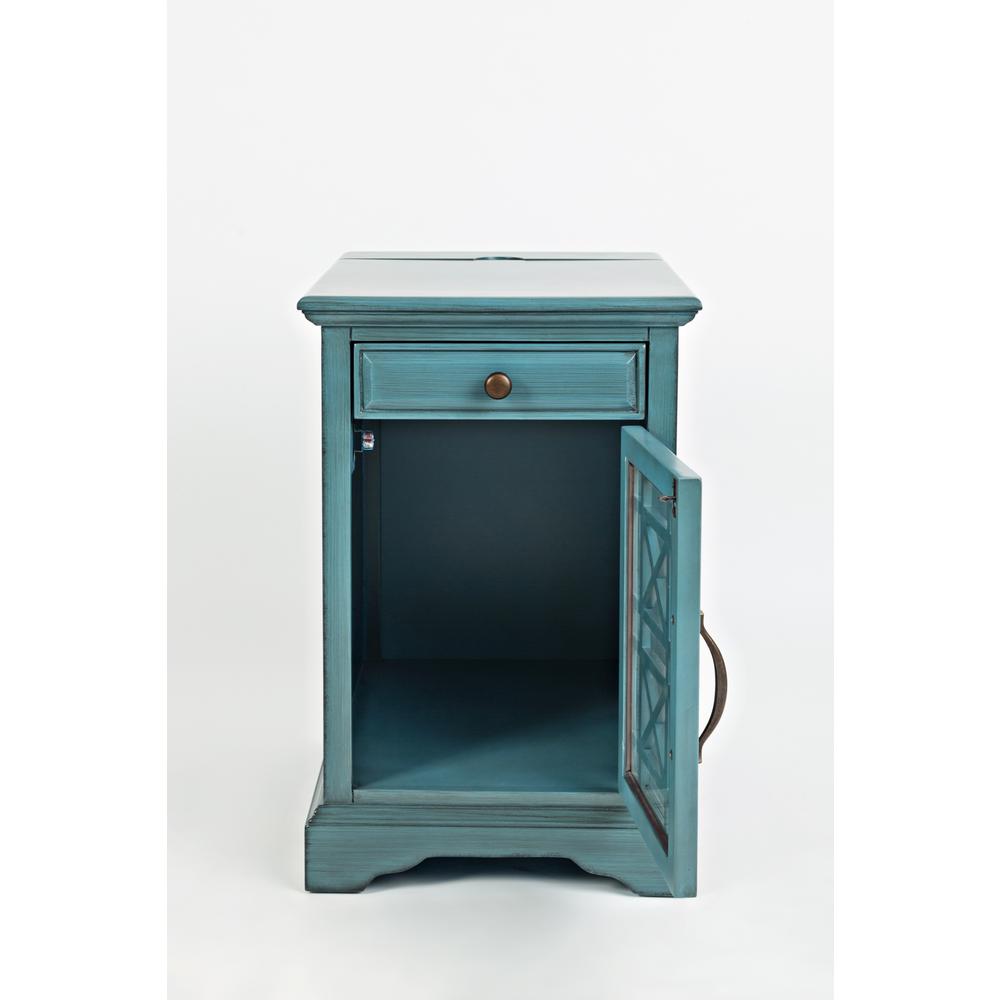 Blue Chairside End Table with USB Charging Ports, Acacia, Glass Construction