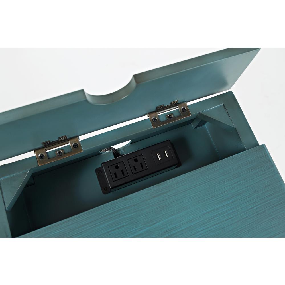 Blue Chairside End Table with USB Charging Ports, Acacia, Glass Construction