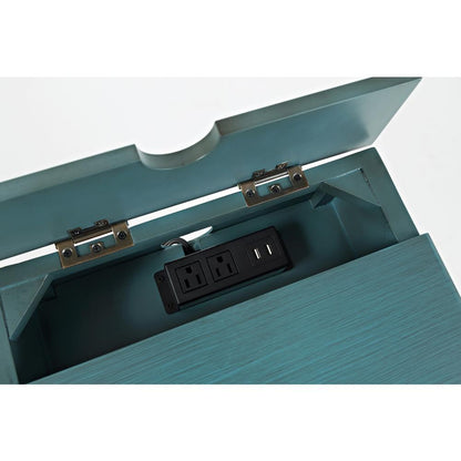 Blue Chairside End Table with USB Charging Ports, Acacia, Glass Construction