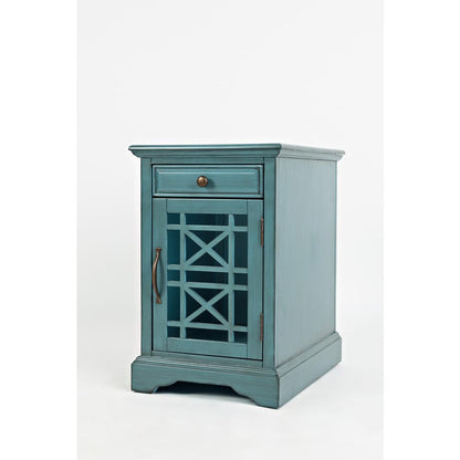 Blue Chairside End Table with USB Charging Ports, Acacia, Glass Construction