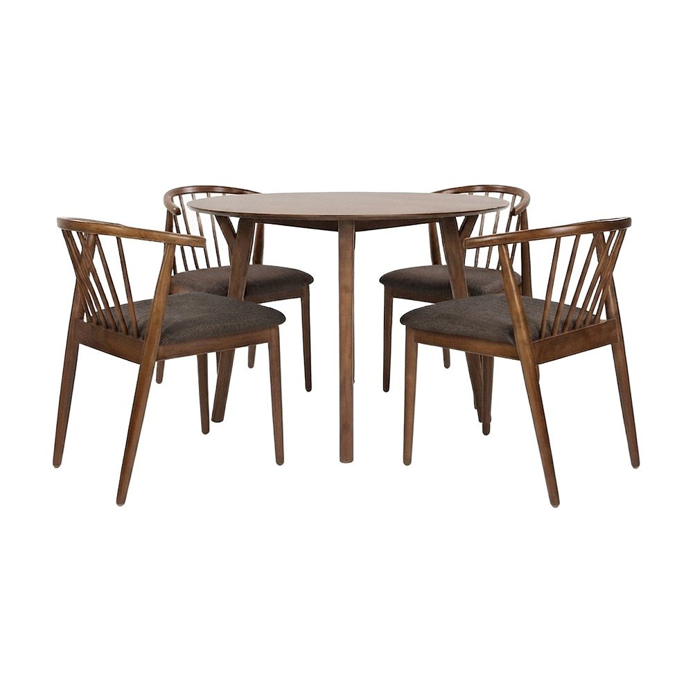Acacia Veneer Round Dining Table with Chairs 5 Piece Set, Brown With Grey