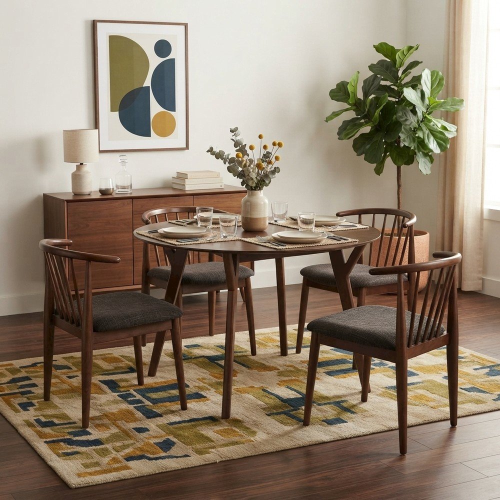 Acacia Veneer Round Dining Table with Chairs 5 Piece Set, Brown With Grey