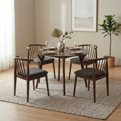 Acacia Veneer Round Dining Table with Chairs 5 Piece Set, Brown With Grey