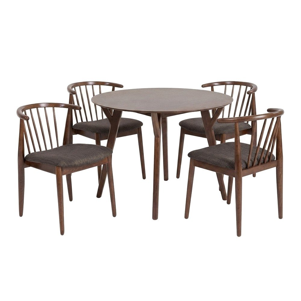Acacia Veneer Round Dining Table with Chairs 5 Piece Set, Brown With Grey