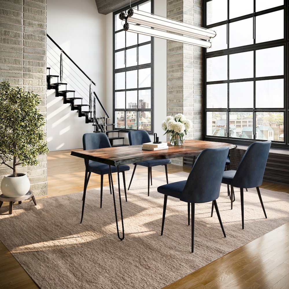 Five Piece Solid Acacia Dining Set with Upholstered Mid-Century Modern Chairs