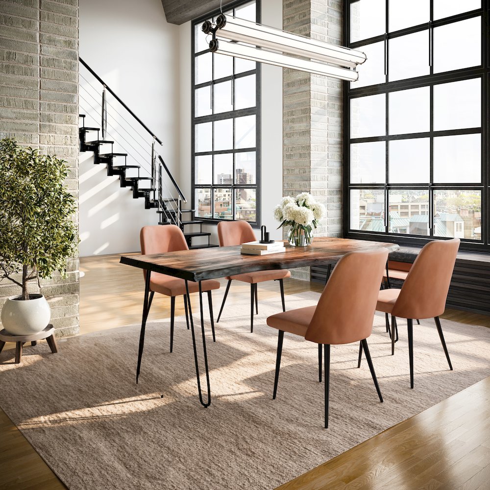 Five Piece Solid Acacia Dining Set with Upholstered Mid-Century Modern Chairs