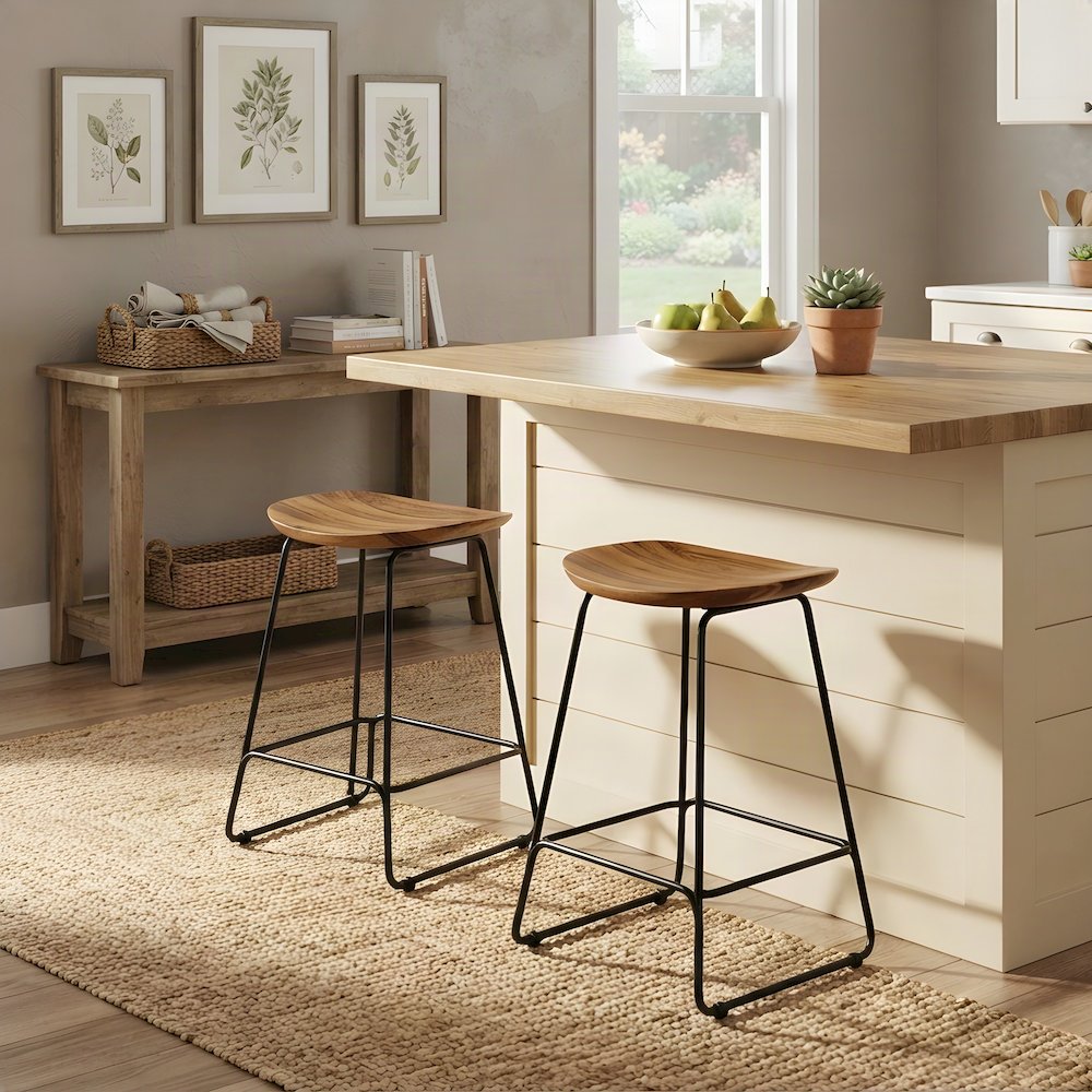 Solid Acacia Wood Backless Counter Height Bar Stools, Set of 2, Chestnut
