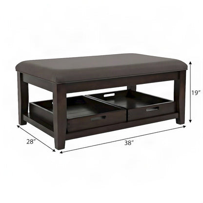 Contemporary Upholstered Ottoman Coffee Table with Veneer Top, Brown