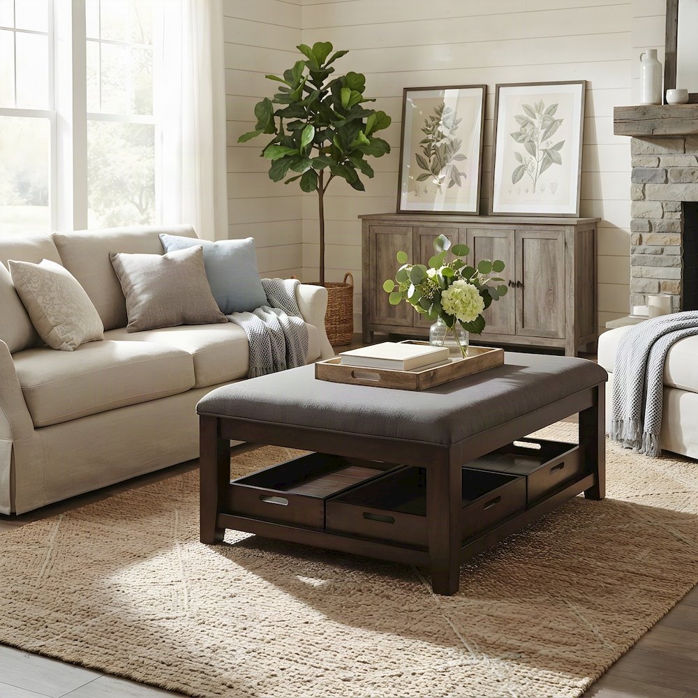 Contemporary Upholstered Ottoman Coffee Table with Veneer Top, Brown
