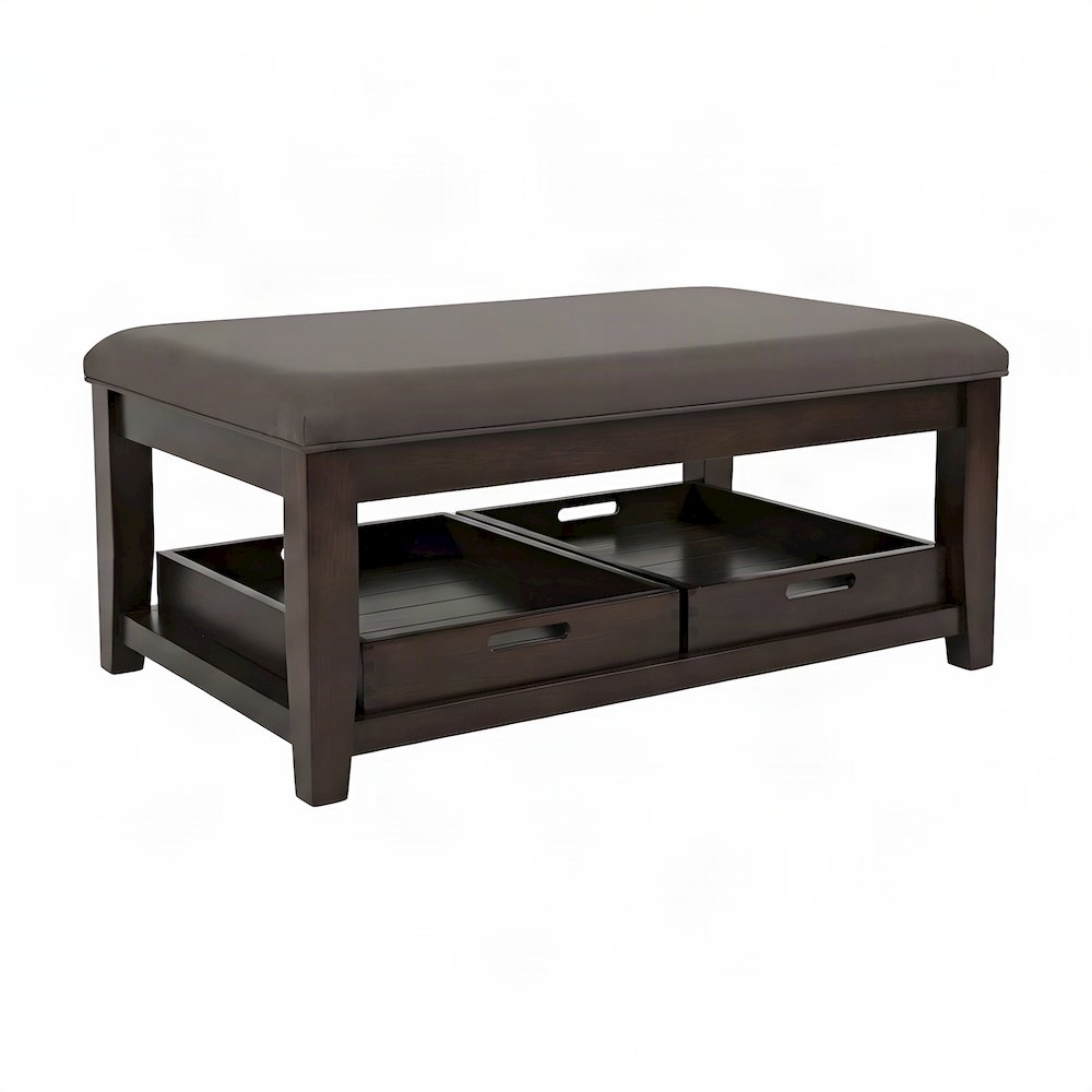 Contemporary Upholstered Ottoman Coffee Table with Veneer Top, Brown