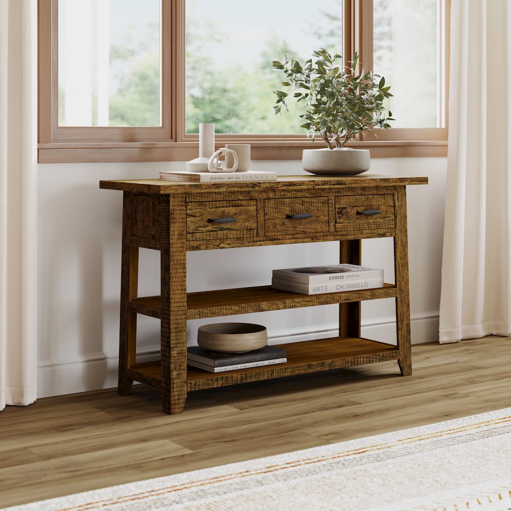 Rustic Farmhouse Solid Wood 50" Sofa Table with Drawers and Two Shelves