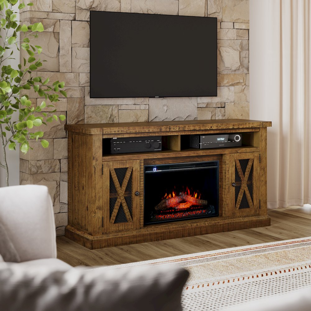 Rustic Farmhouse Solid Wood 60" Storage Console TV Stand with Electric Fireplace