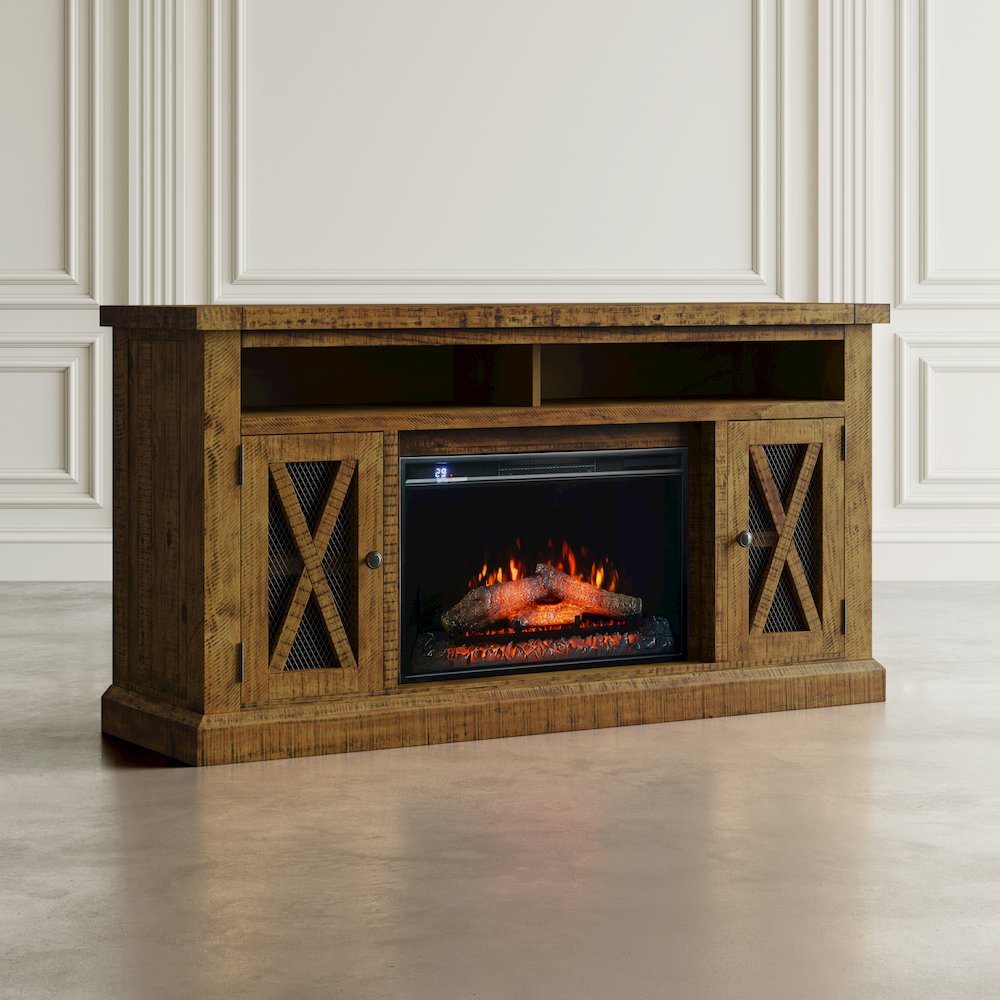Rustic Farmhouse Solid Wood 60" Storage Console TV Stand with Electric Fireplace
