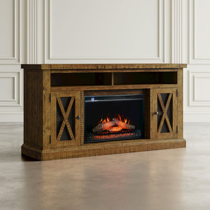 Rustic Farmhouse Solid Wood 60" Storage Console TV Stand with Electric Fireplace