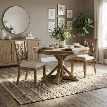 Distressed Pine Veneer Upholstered Farmhouse Dining Chairs, Set of 2, Gold