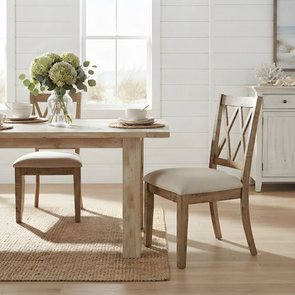 Distressed Pine Veneer Upholstered Farmhouse Dining Chairs, Set of 2, Gold