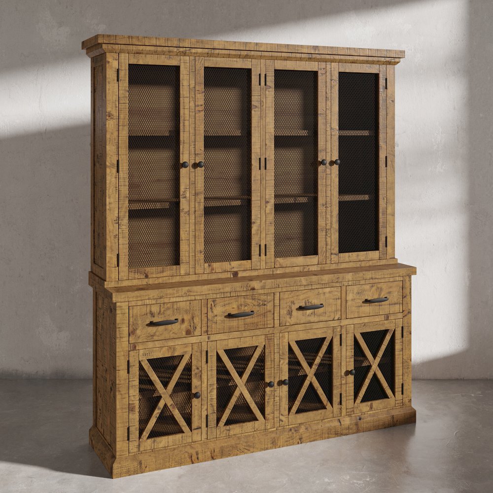 Telluride Rustic Farmhouse Solid Wood Sideboard Buffet Hutch with LED Lights