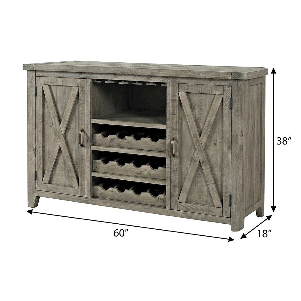 Distressed Pine Buffet Server with Wine Rack and Glass Storage, Driftwood Gray