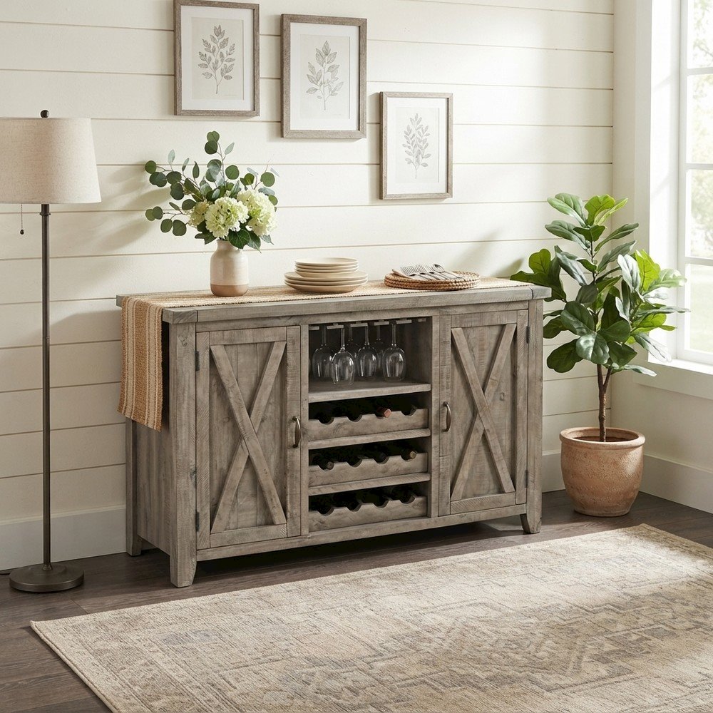 Distressed Pine Buffet Server with Wine Rack and Glass Storage, Driftwood Gray
