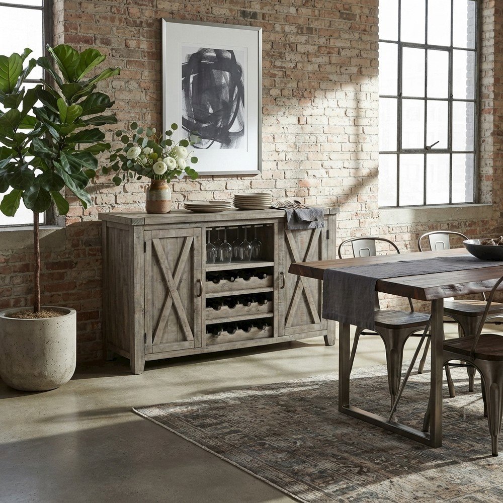Distressed Pine Buffet Server with Wine Rack and Glass Storage, Driftwood Gray