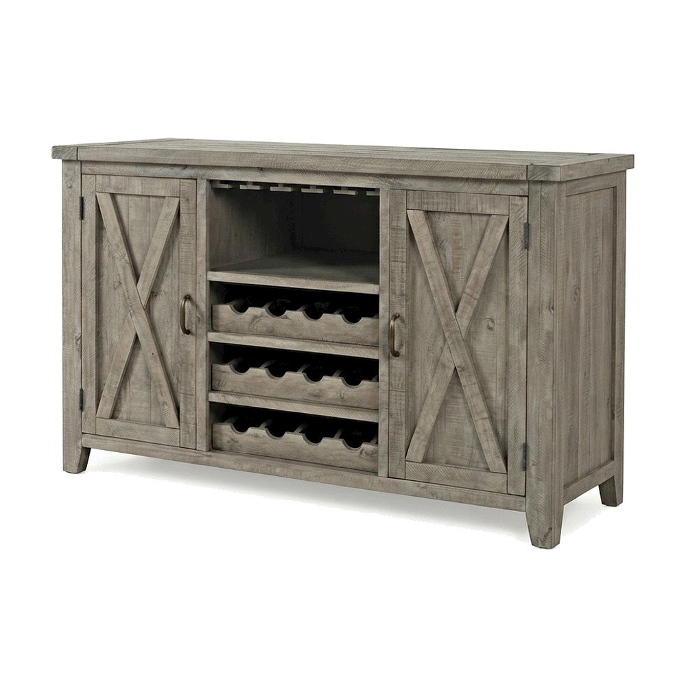 Distressed Pine Buffet Server with Wine Rack and Glass Storage, Driftwood Gray