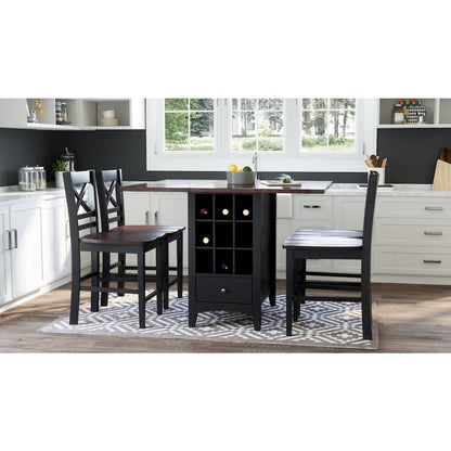 Solid Wood Farmhouse Storage Counter Drop Leaf Dining Table with Wine Rack