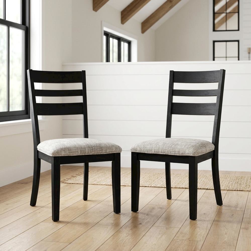 Contemporary Upholstered Ladderback Dining Chairs, Dark Charcoal, Set of 2