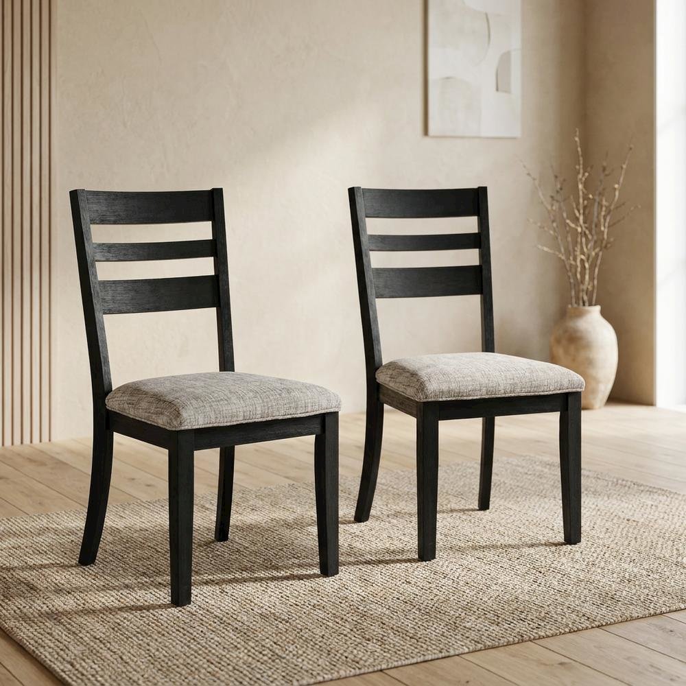 Contemporary Upholstered Ladderback Dining Chairs, Dark Charcoal, Set of 2