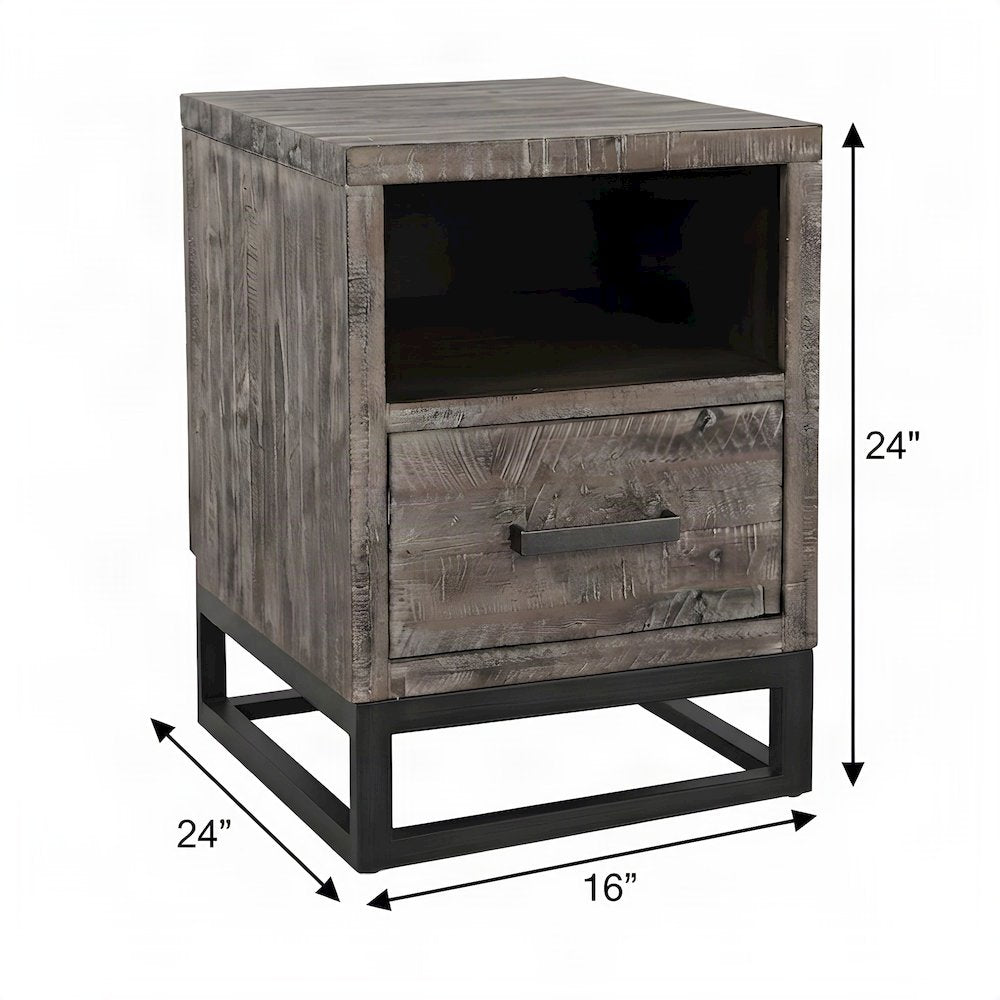 Acacia Veneer Chairside End Table with Drawer and USB Charging, Rustic Grey