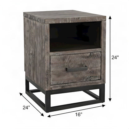 Acacia Veneer Chairside End Table with Drawer and USB Charging, Rustic Grey