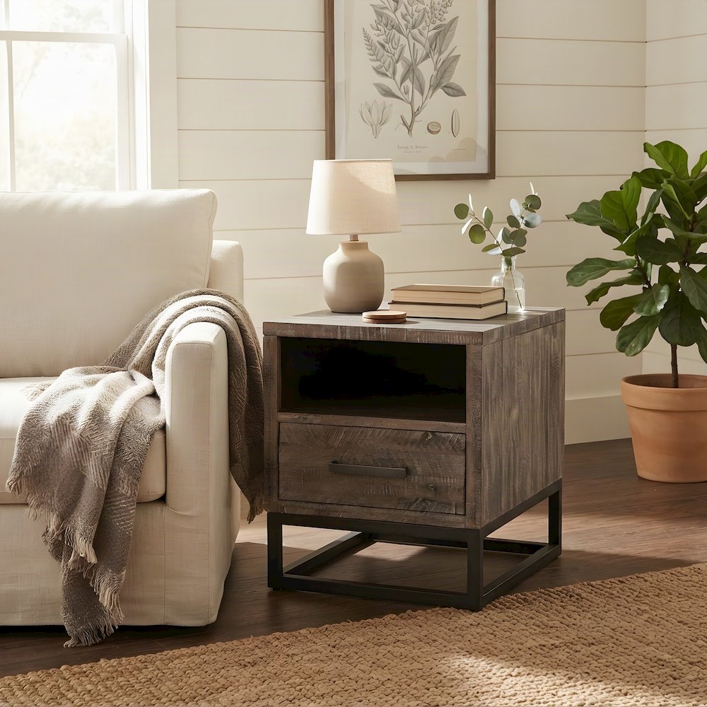Acacia Veneer Chairside End Table with Drawer and USB Charging, Rustic Grey