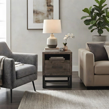 Acacia Veneer Chairside End Table with Drawer and USB Charging, Rustic Grey