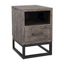 Acacia Veneer Chairside End Table with Drawer and USB Charging, Rustic Grey