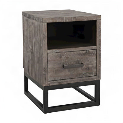 Acacia Veneer Chairside End Table with Drawer and USB Charging, Rustic Grey
