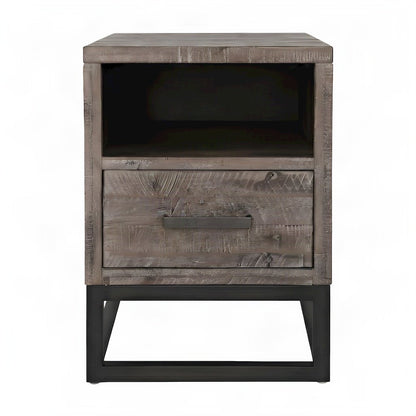 Acacia Veneer Chairside End Table with Drawer and USB Charging, Rustic Grey