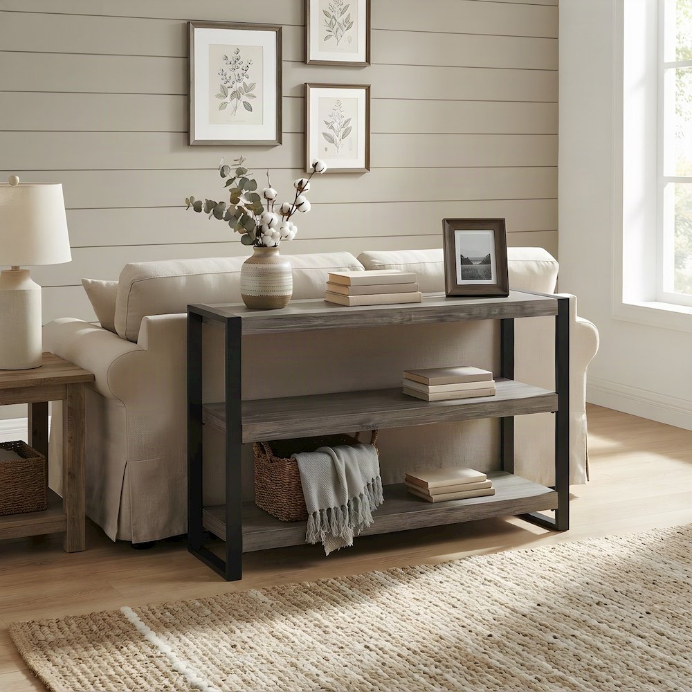 Acacia Veneer and Iron Industrial Entryway Console Table, Wire Brush