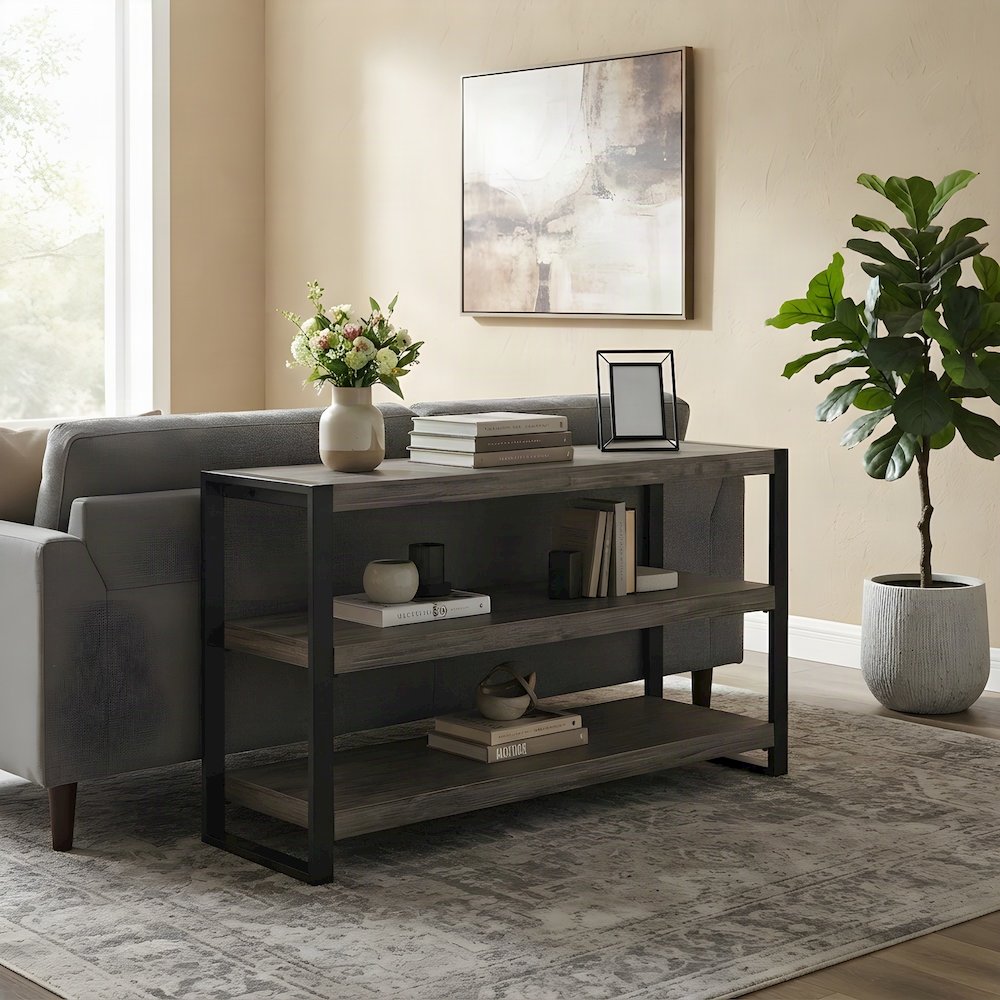 Acacia Veneer and Iron Industrial Entryway Console Table, Wire Brush