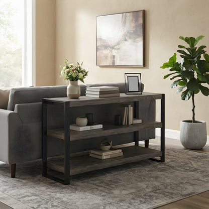 Acacia Veneer and Iron Industrial Entryway Console Table, Wire Brush